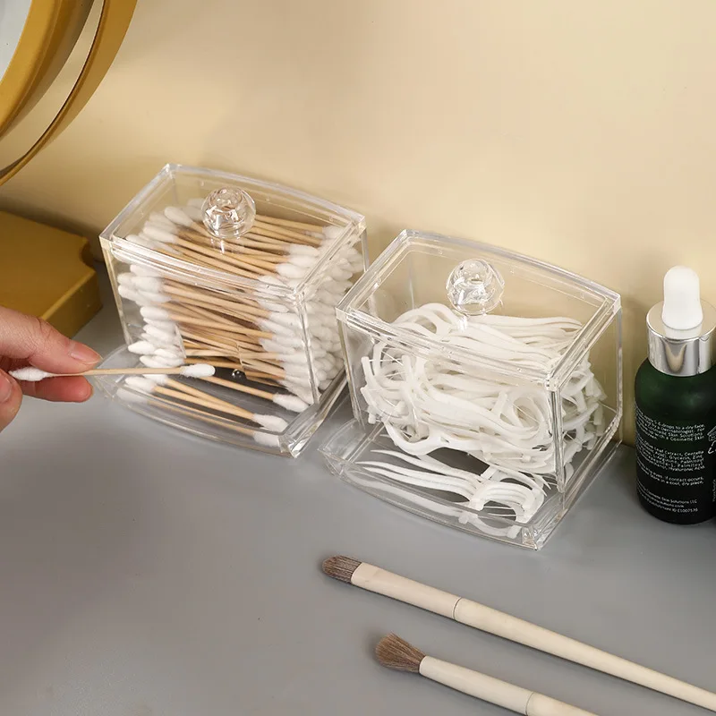 Transparent Acrylic Cotton Swab Box, Cosmetic Cotton Storage Box, Desktop Storage Box, Including Dental Floss And Cotton Swabs