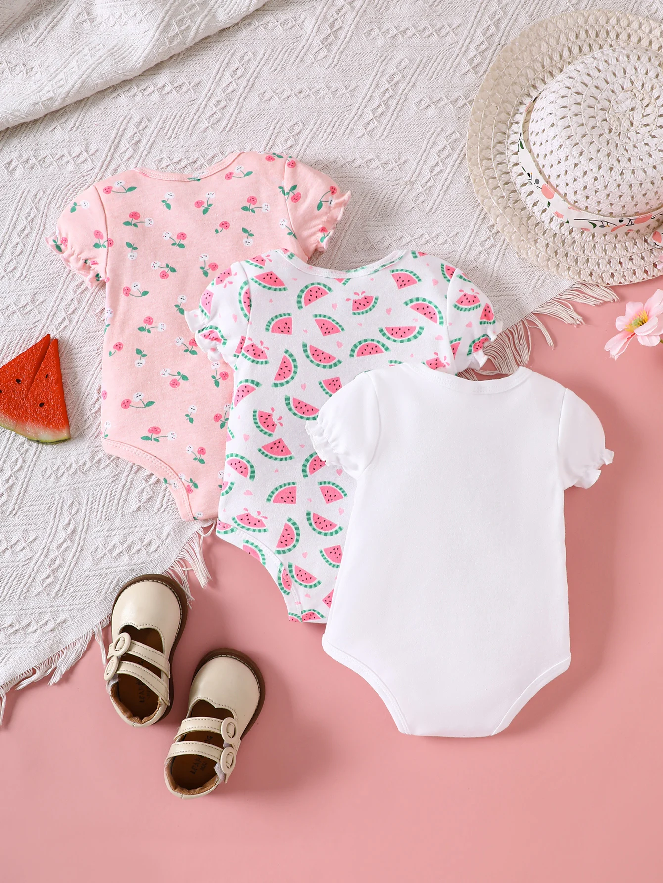 Trendy 3‑pcs girl bodysuit set, pure cotton, playful watermelon print, snap crotch easy diaper change, fits 0‑9M.