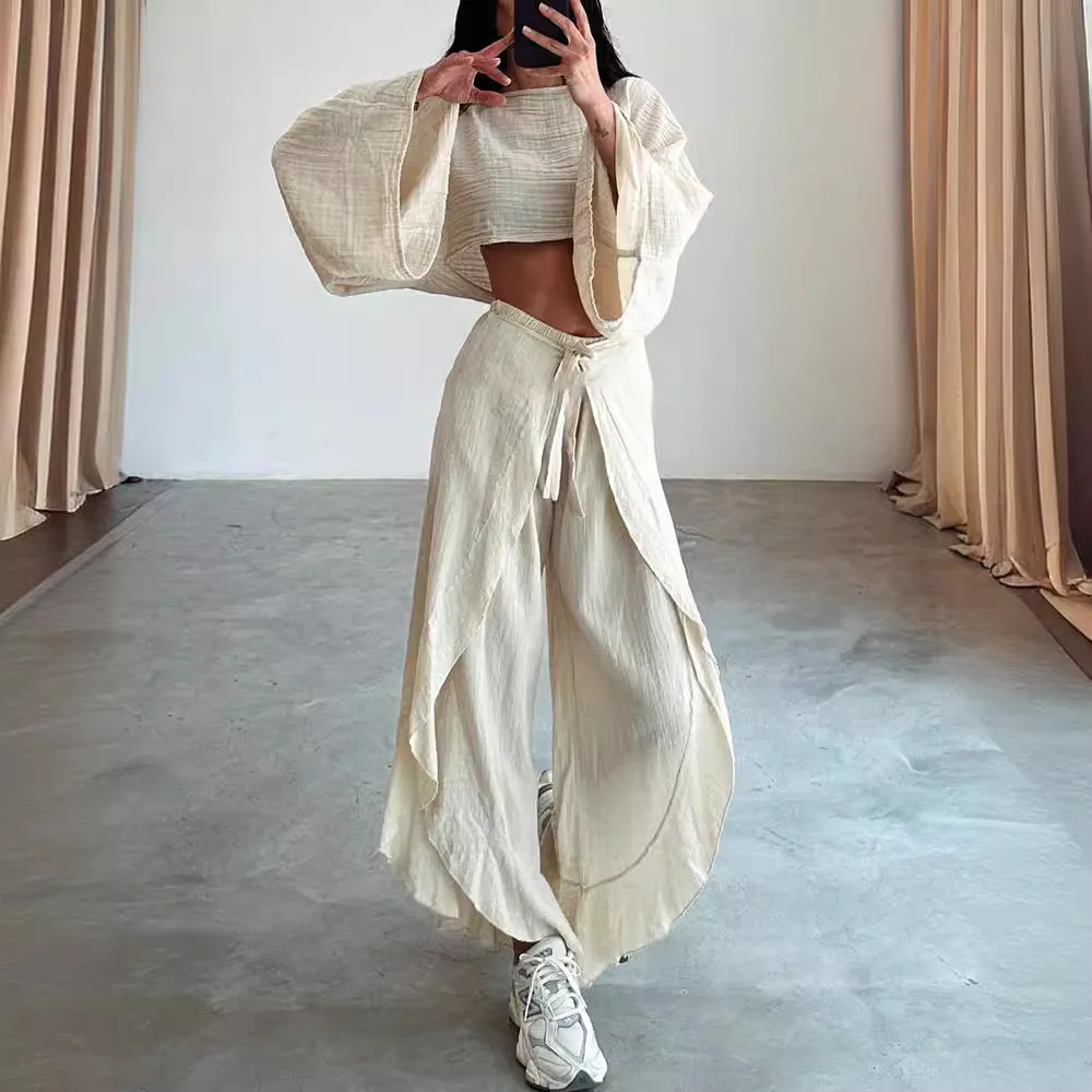 

2024 Summer New Fashion Elegant Female Pants Set Solid Color O-Neck Short Sleeves Trousers 2Pcs Wide Leg Jumpsuit Clothing