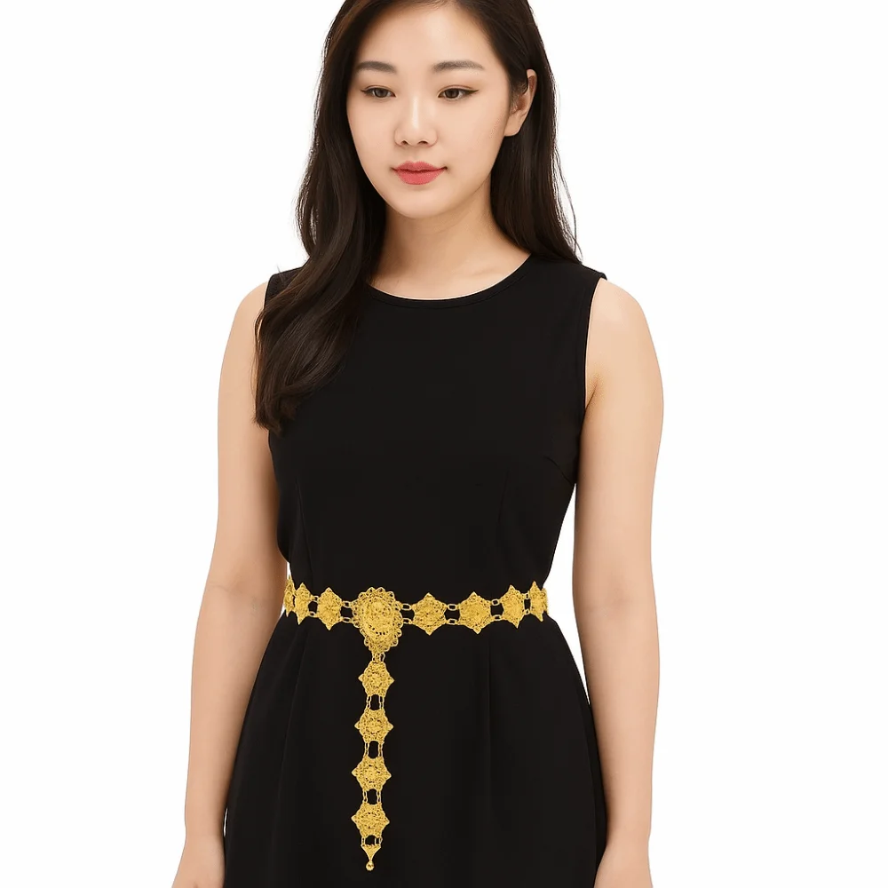 

Metal Thai Belly Waist Chains Jewelry Tassel Hollow Out Flower Necklace Ethnic Style Single Circle Dance Dress Belt Chains