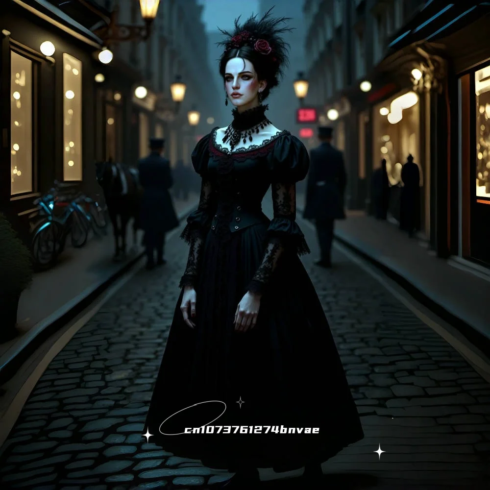 Gotische zwarte galajurk enkellange a-lijn satijnen korset vampier halloween kostuum ronde halslijn lange mouwen op maat