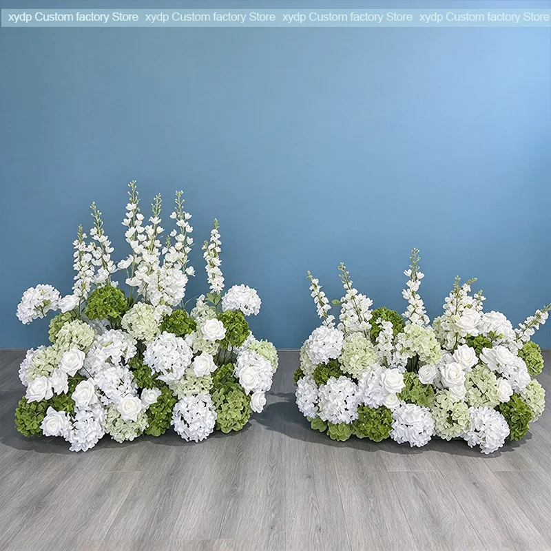 5D Grüne und weiße Hortensien-Hochzeitskulisse, Ochsenhorn-Bogen, Blumenläufer, Rosen-Blumenreihe, Arrangement, Event-Party-Requisiten, Dekorationsausstellung – Detail 5