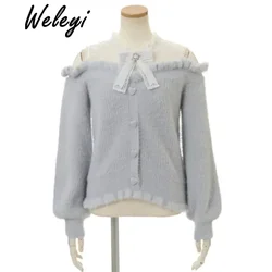 Jirai Kei Sweet Women's Fluffy Off Shoulder Sweater 2024 Autumn/Winter Lolita Cute Sutdent College Style Knit Knitwear Female