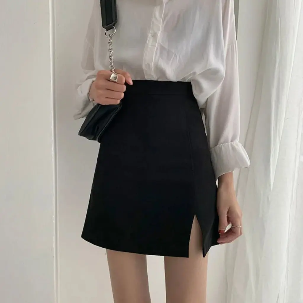 

Summer New High Waist Short Skirt for Women Anti-glare A-line Black Slimming plus Size Split Half-length Hip Skirt