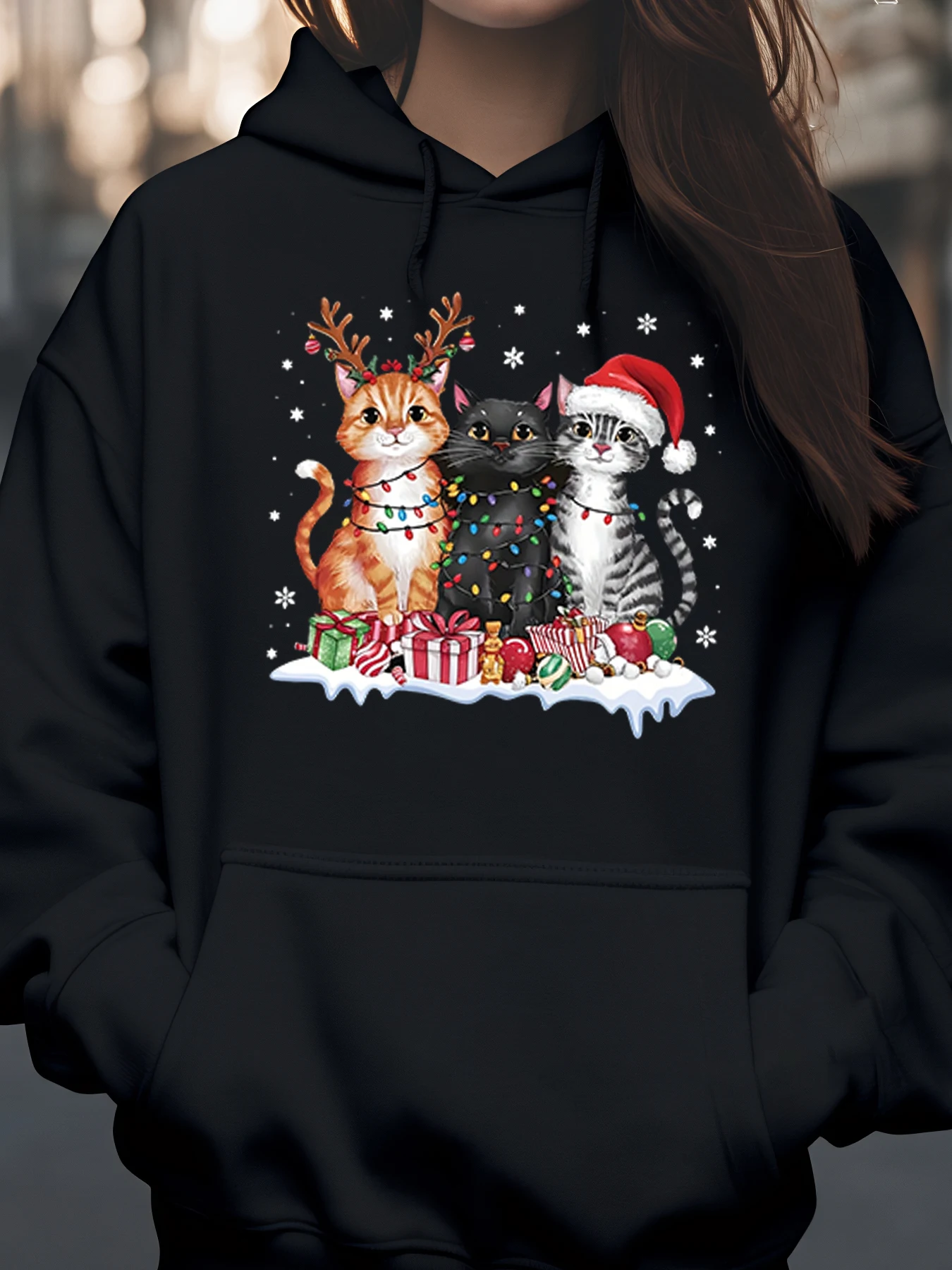 

Рождественские кошки с подарками и огнями. Толстовка с принтом. Праздничная одежда для женщин и мужчин.