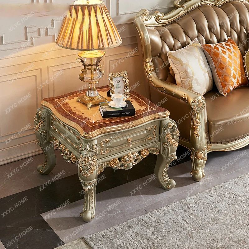 European-Style Marble Square Table Solid Wood Living Room Sofa Edge Pier Table Corner Double-Layer Oak Carved Gold