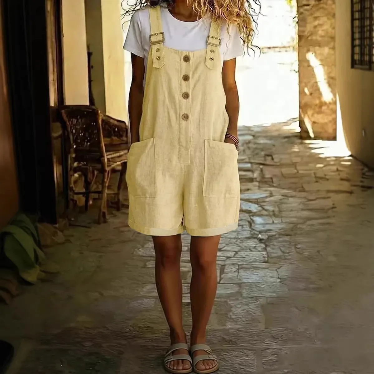 

Summer Clothes Sleeveless Romper High Waist Wide Leg Shorts Overalls Button Front Shortalls Navy Blue Women's Casual Dungaree