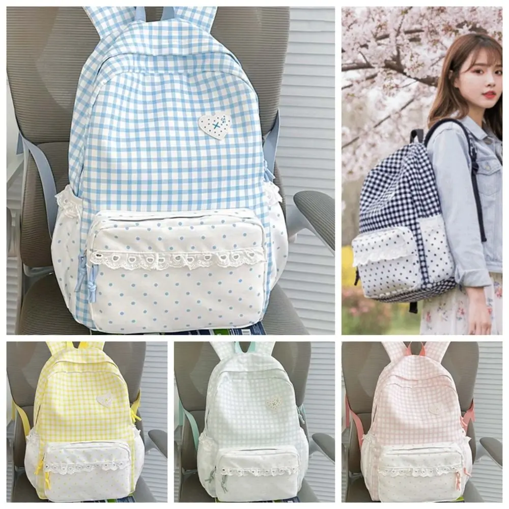 Koreanischer Gingham-Rucksack in Pastellfarben mit Rüschen-Design, Spitzen-Schultasche, verstellbare Träger, gepunkteter Karo-Tagesrucksack für den täglichen Gebrauch und Reisen – Detail 2