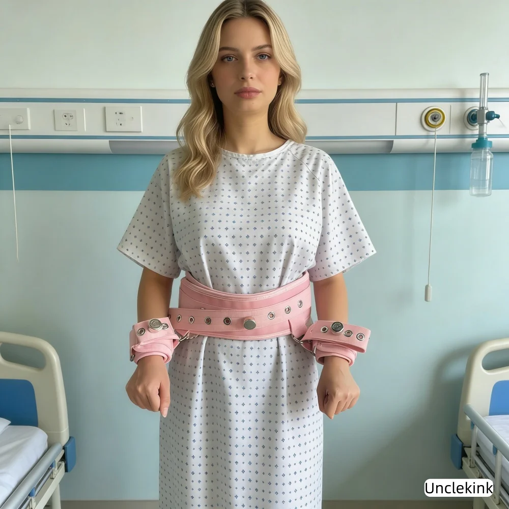 

Pink Hand to Waist Restraints Belly Belt with Detachable Wrist Cuffs Clinic Asylum Kits Healthcare Safety Mania Patient Control