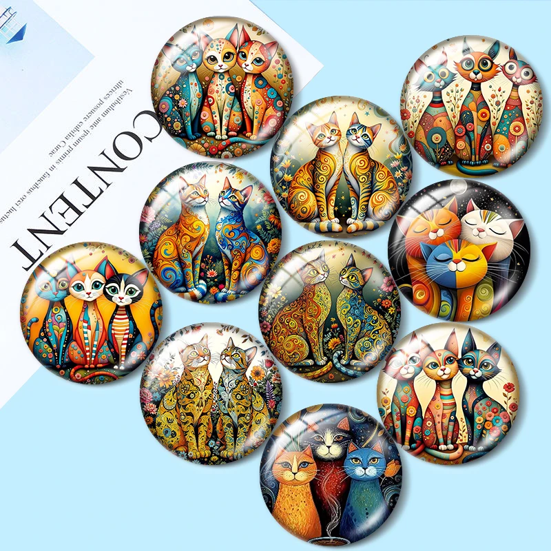 Cartoon illustration cat  12/18/20/25mm glass cabochon  bracelet pendant rings for jewelry demo earrings back Making findings
