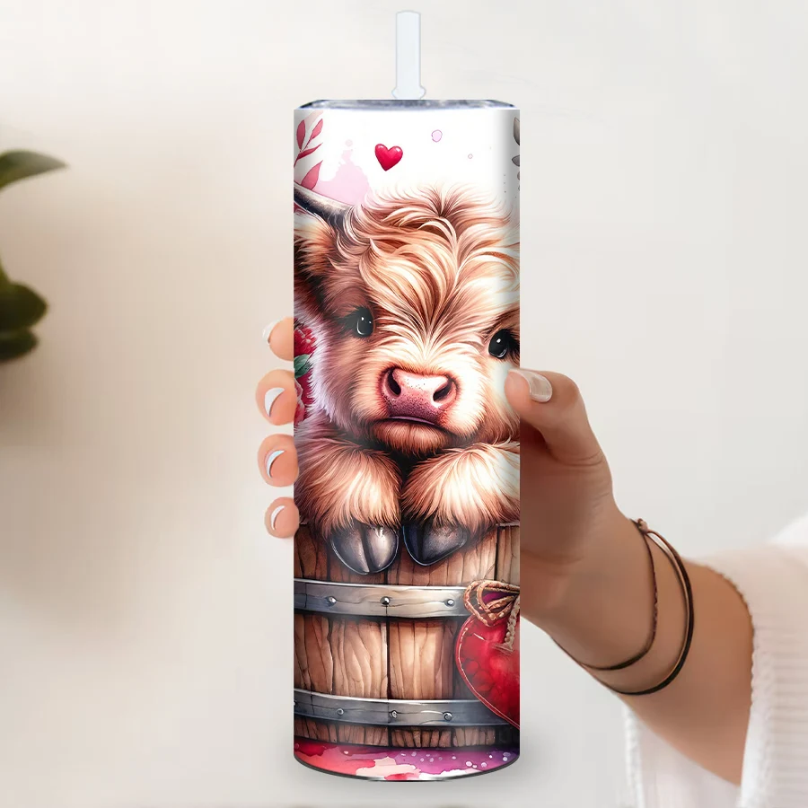 20oz Skinny Straight Valentine Tumbler Straw Lid 1Pc 3D Print Highland Cow & Flowers Party Coffee Mugs Stainless Festive Mugs