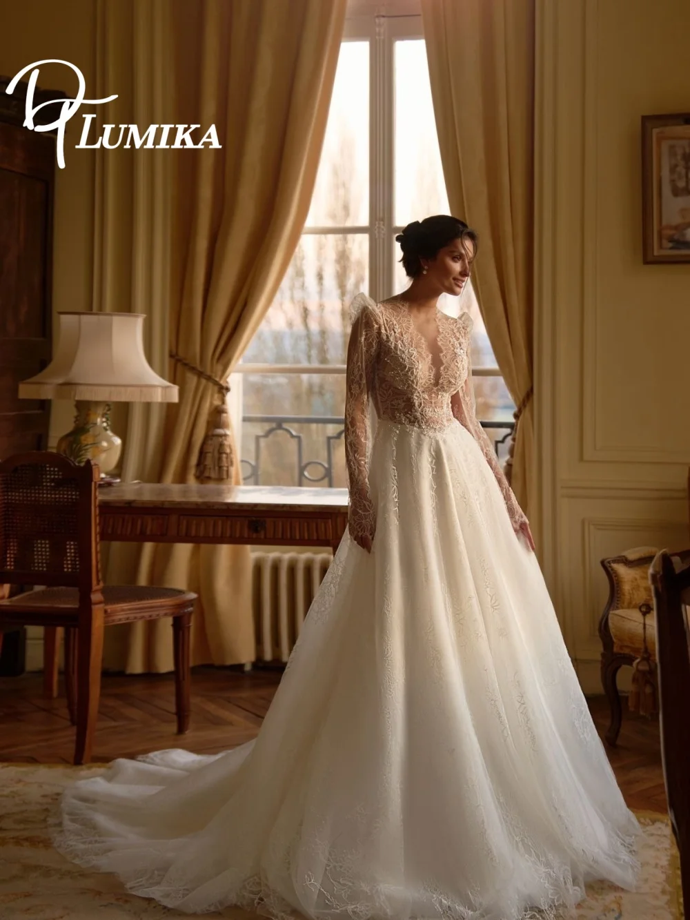 

Sexy Deep v-Neck Wedding Dress, Elegant Appliqué Long-Sleeved Bridal Gown, Graceful A-Line Floor-Length Wedding Gown