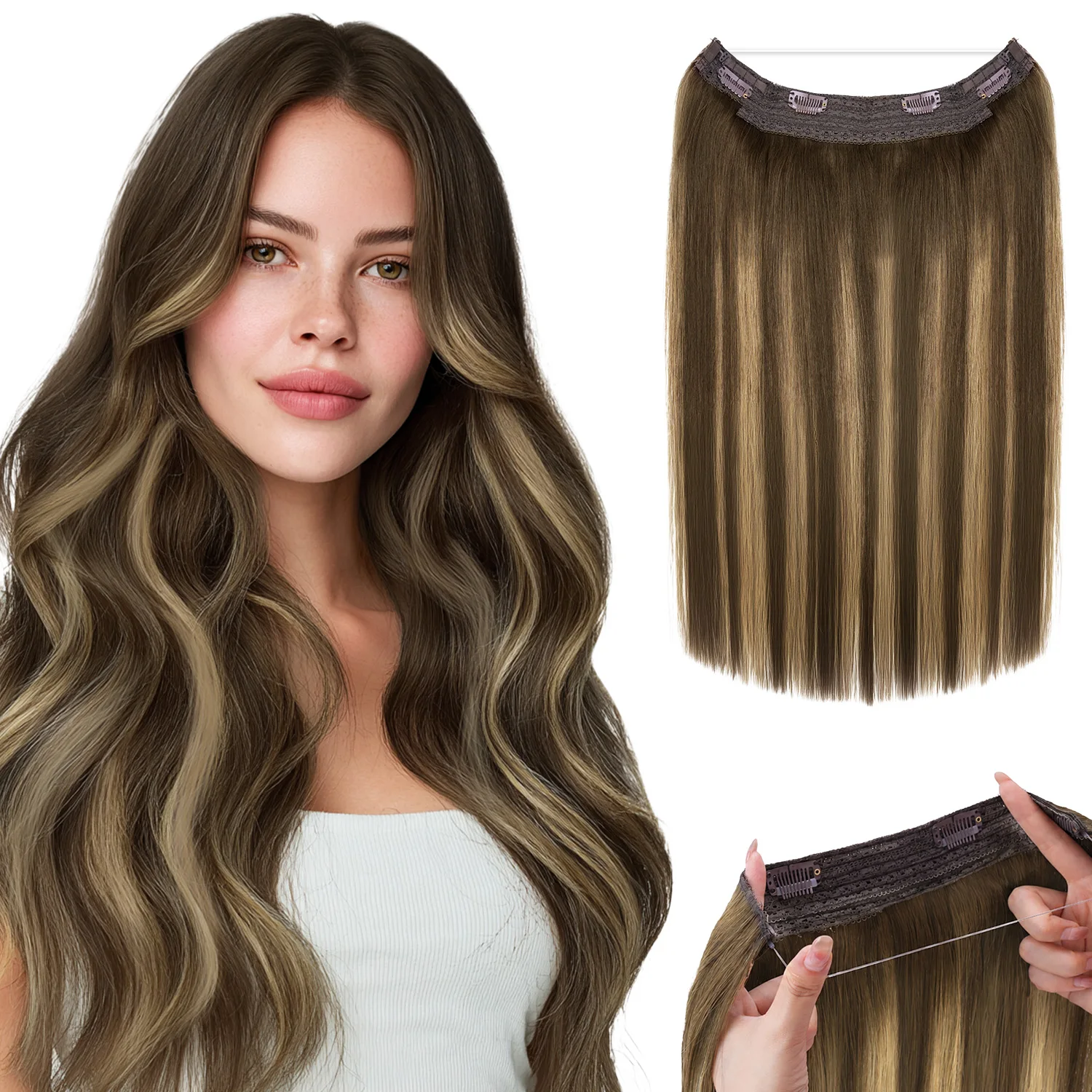 

Sunmofavo Fish Line Human Hair Extensions Invisible Halo Hair Wire in 4 Clips Adjustable for Women Chocolate Gradient Brown