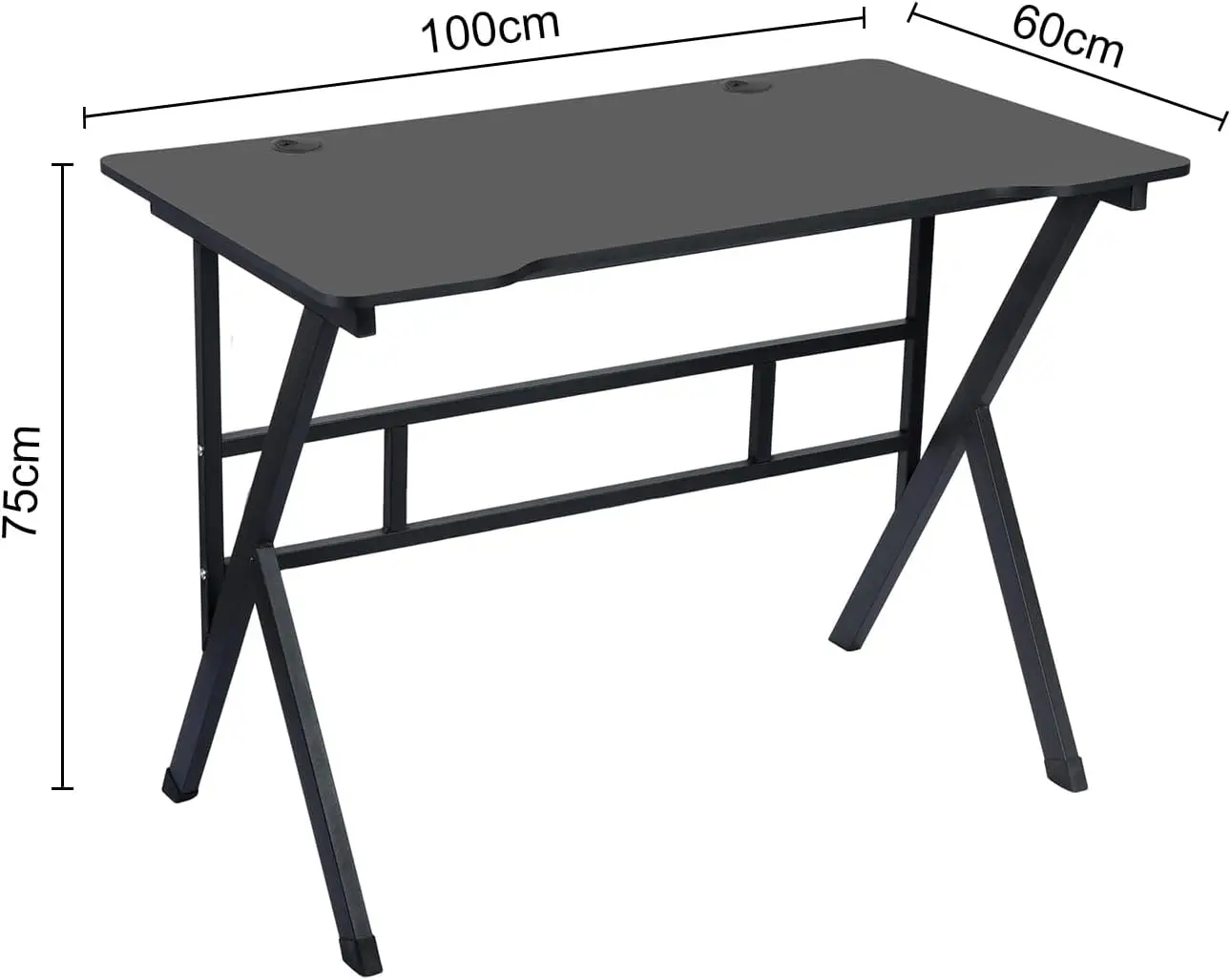 Gaming Desk with X-Shaped Steel Legs Sturdy Computer Game Table for Home Office 2 Cable Holes Black Finish 24x40inch