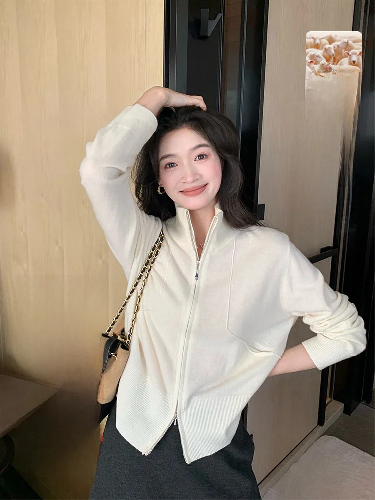 

Женский вязаный кардиган Fol Else с высоким воротником и двойной молнией, свободный крой, теплый шерстяной топ для осени и зимы