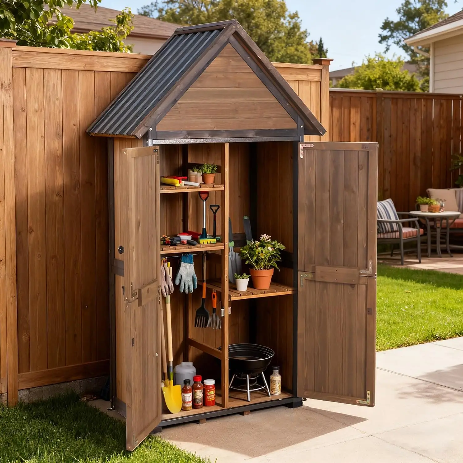 Sheds Outdoor Storage Cabinet, Metal Frame Garden Storage Tool Box, Adjustable Shelves Large Capacity Storage Unit For Backyard Patio Lawn, Brown, 1 Pack