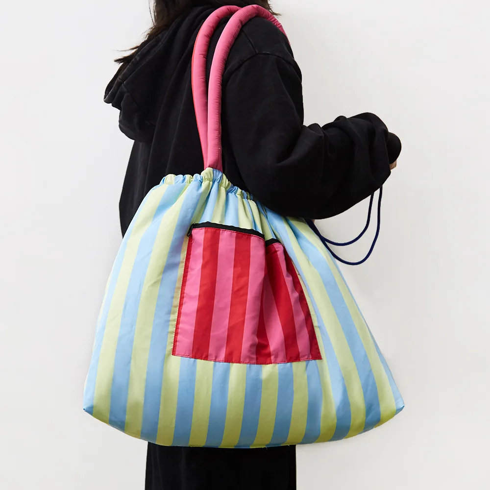 

Розовая полосатая холщовая сумка в тон, большая вместительная сумка на плечо, модная трендовая сумка-тоут