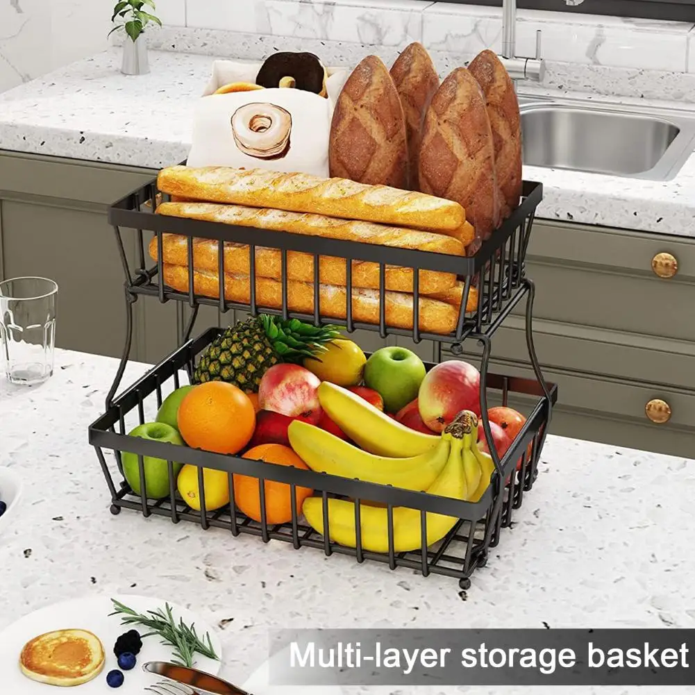 2 Tier Metal Storage Basket Countertop Fruit Basket With Banana Hangers Rectangular Stand Bowls Detachable Kitchen Organizer