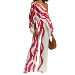 Women's Summer 2 Piece Outfits 2025 Asymmetrical Off Shoulder Blouse Tops Wide Leg Long Pant Bottoms Sets for Office Ladies