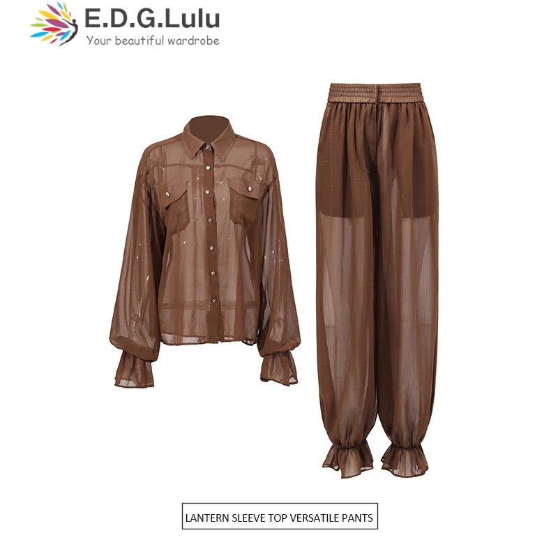 

EDGLuLu Women's Fashion Turn-Down Collar Shirt Top + High Waist Loose Caged Pants Suit See Through Two Piece Set 0809