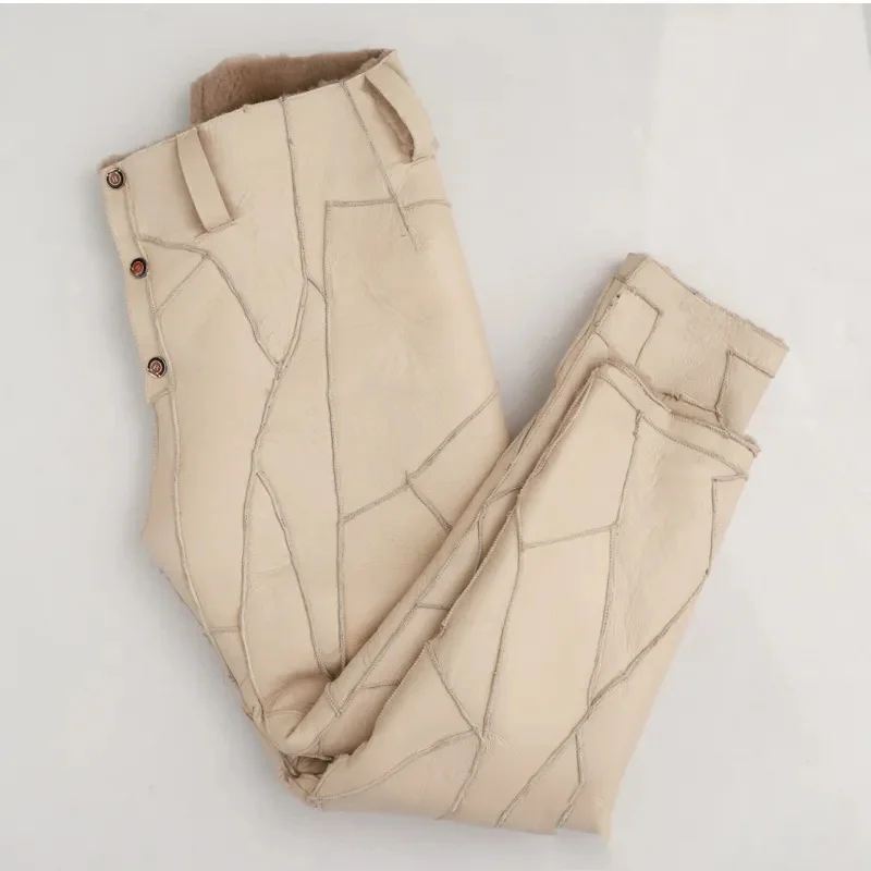 Winter Wool Cotton Trousers Women 2023 New Loose Leather Pants High Waist Thickening Trousers Keep Warm Sheepskin Pants Female