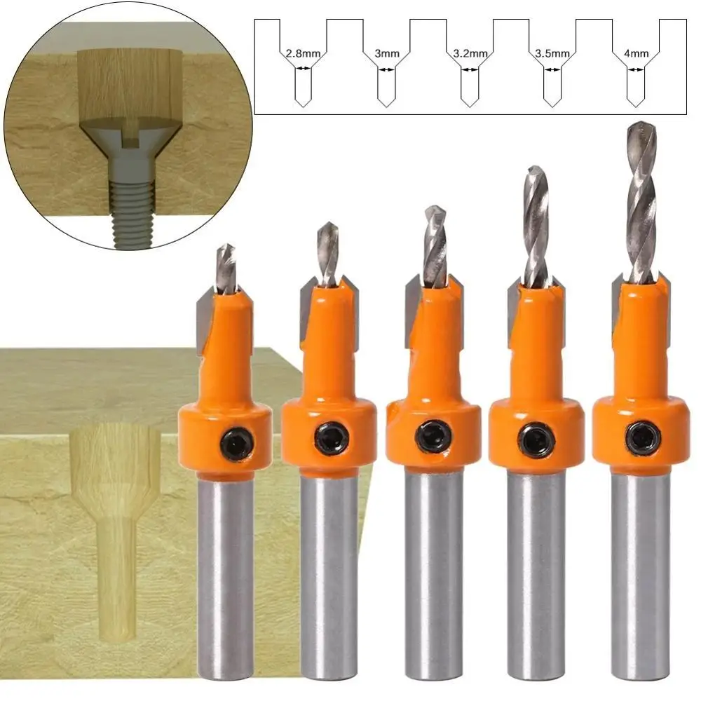 HSS Woodworking Step Drill, Countersink Router Bit Set, Extrator de parafuso, Demolição Remon para Fresa de Madeira, 8mm, 10mm Shank, 7Pcs