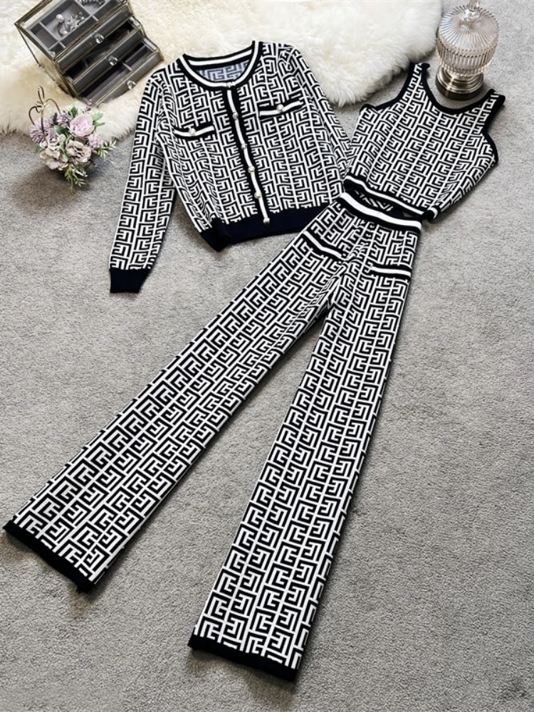 Fashion Commuter Knitted 3-Piece Set Women\'s 2024 Spring Autumn New Jacquard Cardigan Coat+Vest+High Waist Wide Leg Pants Suit