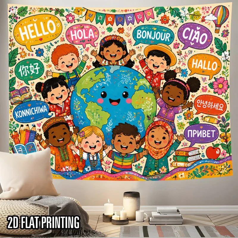 International Language Greetings World Map Tapestry Global Culture Decor Wall Hanging Educational Poster for Nursery Kids Room B