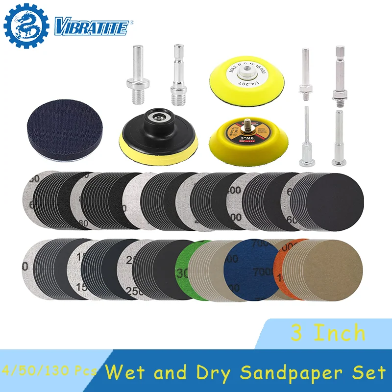 3 นิ้วเปียกและแห้งขัดกระดาษ 75 มม.กระดาษทรายซิลิคอนคาร์ไบด์ 4/50/130 PCS Hook และ LOOP Sanding Pad สําหรับขัดรถโลหะ