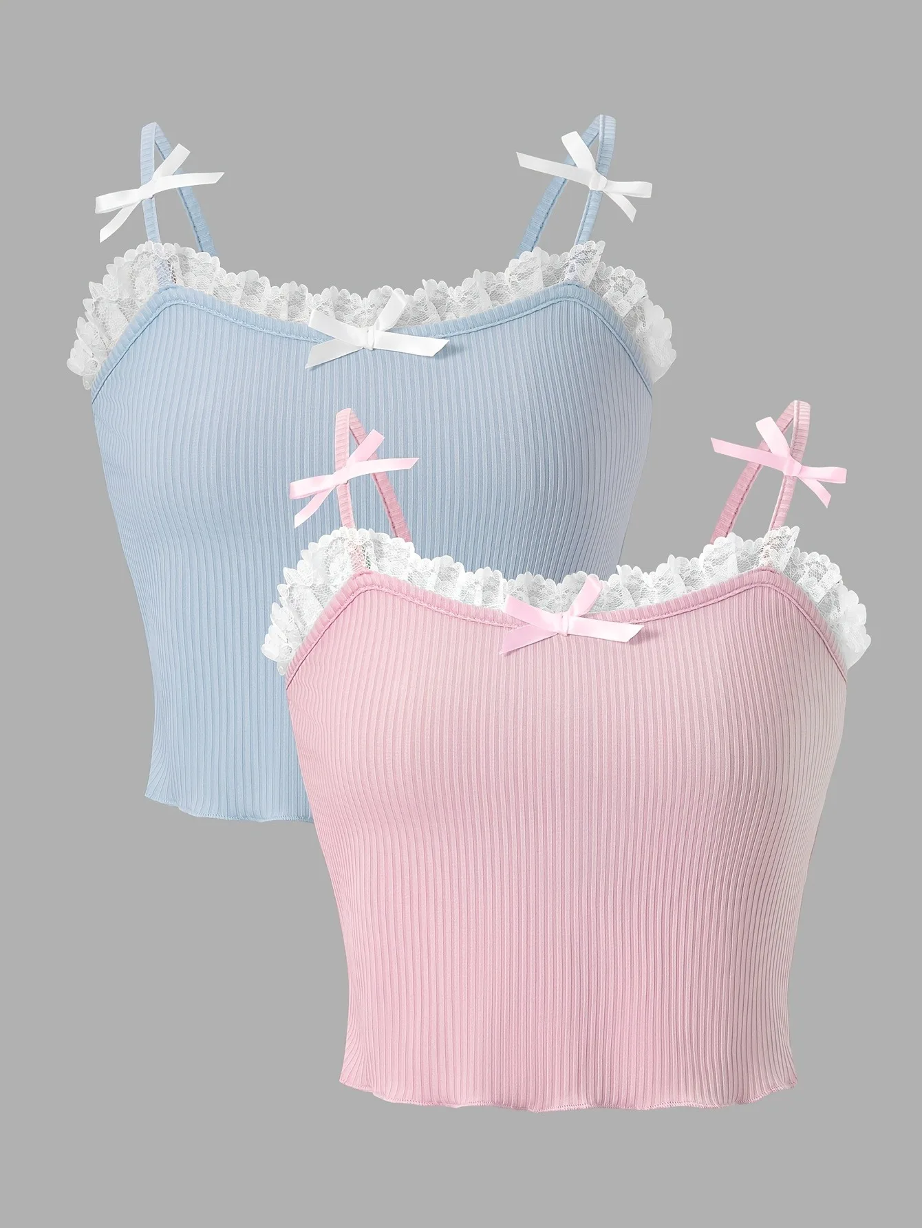Paquete de 2 Tops Cortos de Tirantes con Encaje y Lazo para Niñas, Estilo Coqueta, Tops de Verano