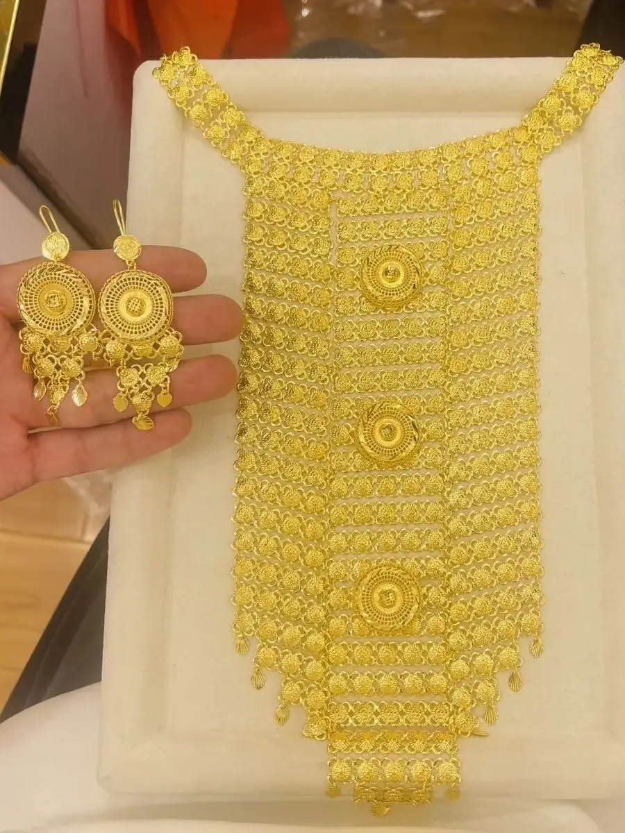 

Новый французский модный комплект украшений из Дубая: позолоченные 24-каратным золотом ожерелье и серьги, изысканный набор для помолвки или вечеринки для любимого человека