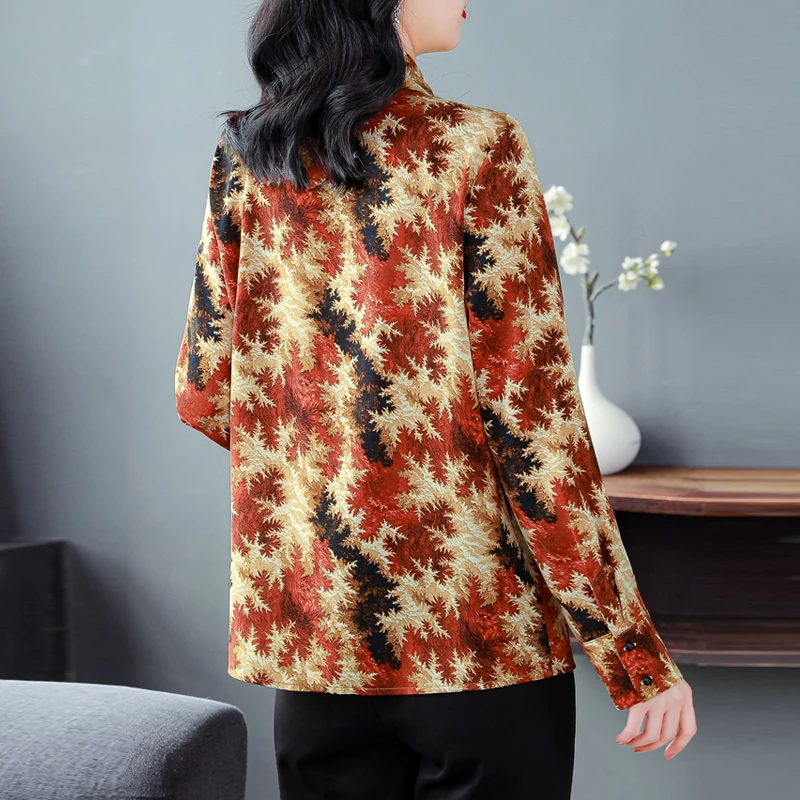 Camicette stampate stile Hong Kong da donna Top streetwear alla moda Camicia casual in chiffon a maniche lunghe allentata con fiocco vintage
