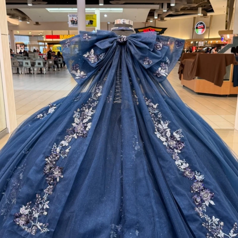 الأزرق الداكن لامعة فساتين Quinceanera الكرة ثوب قبالة الكتف زين الدانتيل الخرز القوس تول مشد الحلو 16 فستان Vestidos 15 De