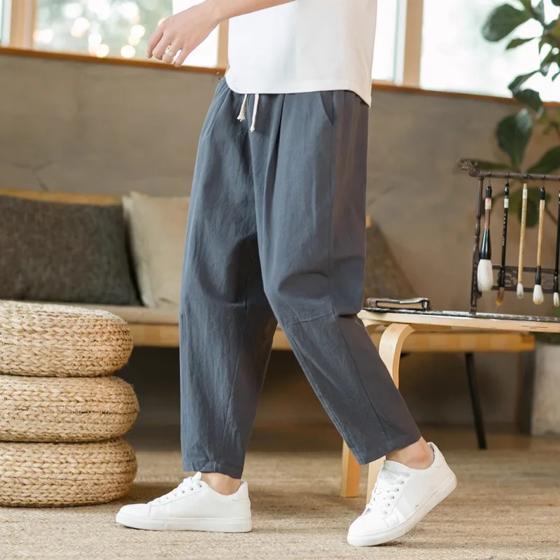 New Men\'s Linen Lightweight  Sweatpants Cotton Solid Color Breathable Joggers Men Baggy Pants Streetwear Long Trousers Men