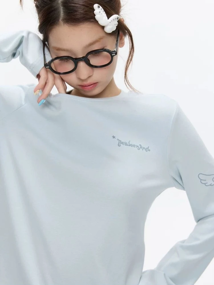 HOUZHOU Blue Letter Graphic Print T-Shirts Women Pink Sweet Striped Aesthetic Long Sleeve Tees Korean Fashion Loose Casual Basic