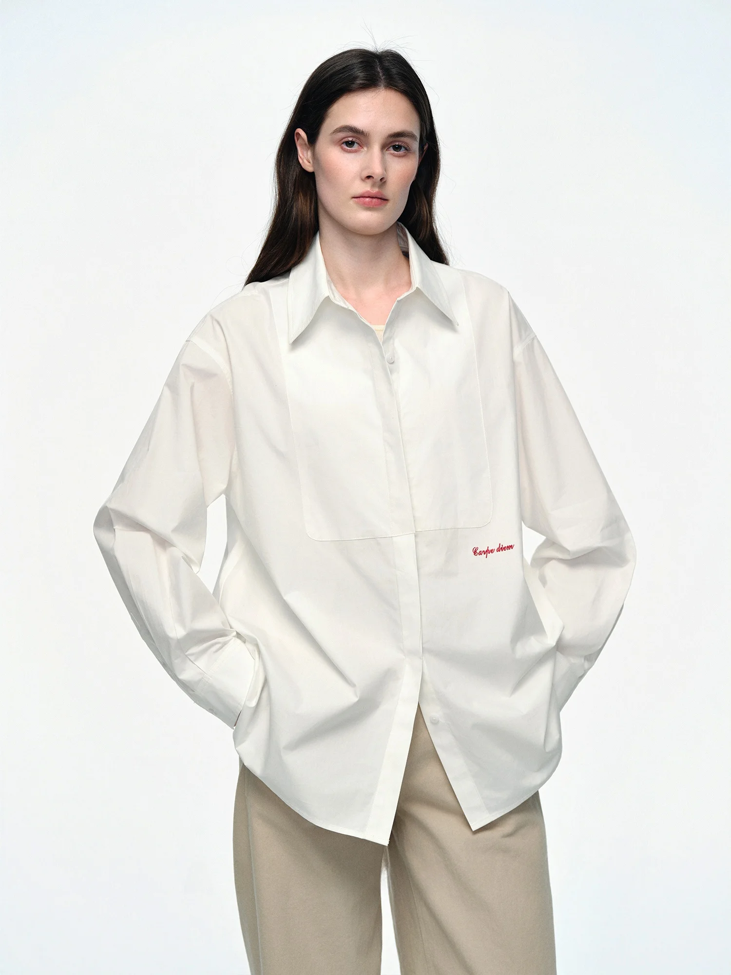 

AIYUTONG Women's Cotton irt Loose Fit Anti-Wrinkle Embroidered Red Detailed Simple Sle Long Sve White Casual Wear