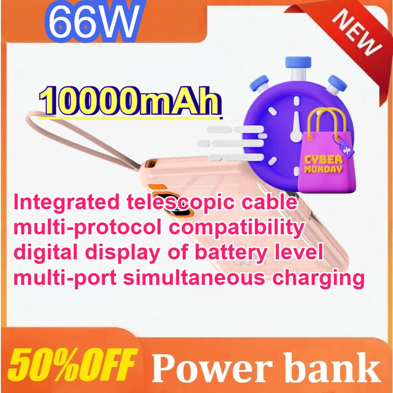 

66W 10000mAh Portable Power Bank High Capacity Cable Two-way Fast Charging Mini Powerbank For Xiaomi for IPhone for Samsung
