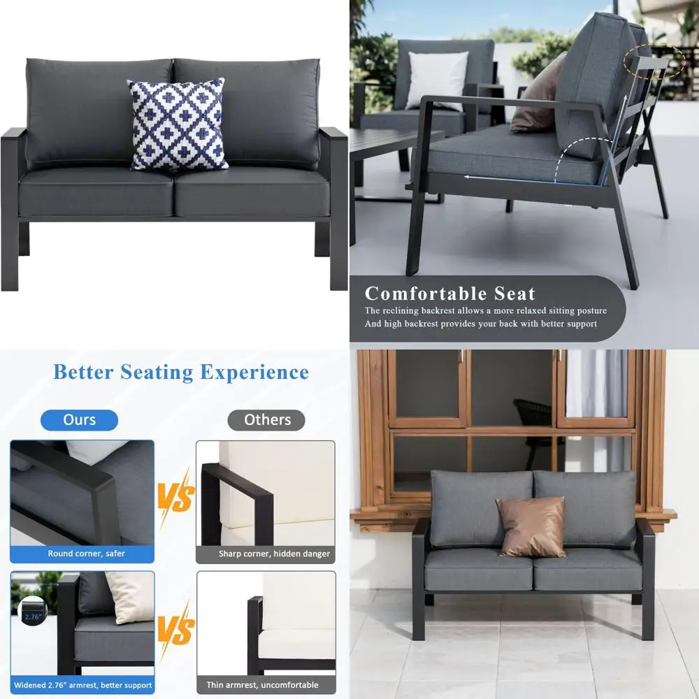 مقعد محب خارجي من الألومنيوم، أريكة فناء كبيرة الحجم، أريكة حديثة طقم أثاث معدني لجميع الأحوال الجوية مع وسائد مقاس 5 بوصات، رمادي داكن #1
