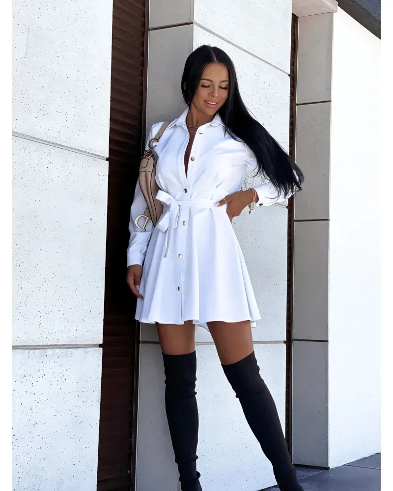 

Elegant Mini Shirt Dress Woman Spring Autumn Long Sleeve Office Ladies Belt Casual Button Lace Up A-line Streetwear Robe Femme