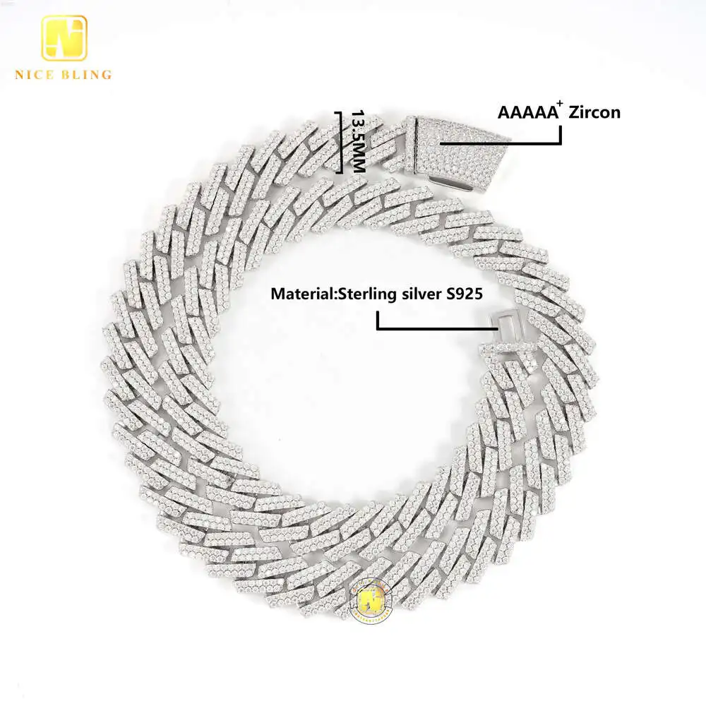 

Wholesale 13.5mm Sterling Silver Cuban Link Chain Expert Cubic Zirconia Necklace18k Gold Plated Necklace Cadenas Hip Hop Rock