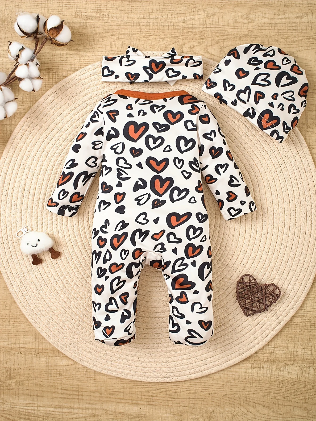 Infant Baby Zipper Closure Footed Romper Jumpsuit With Hat & Headscarf 3pcs Outfit Set