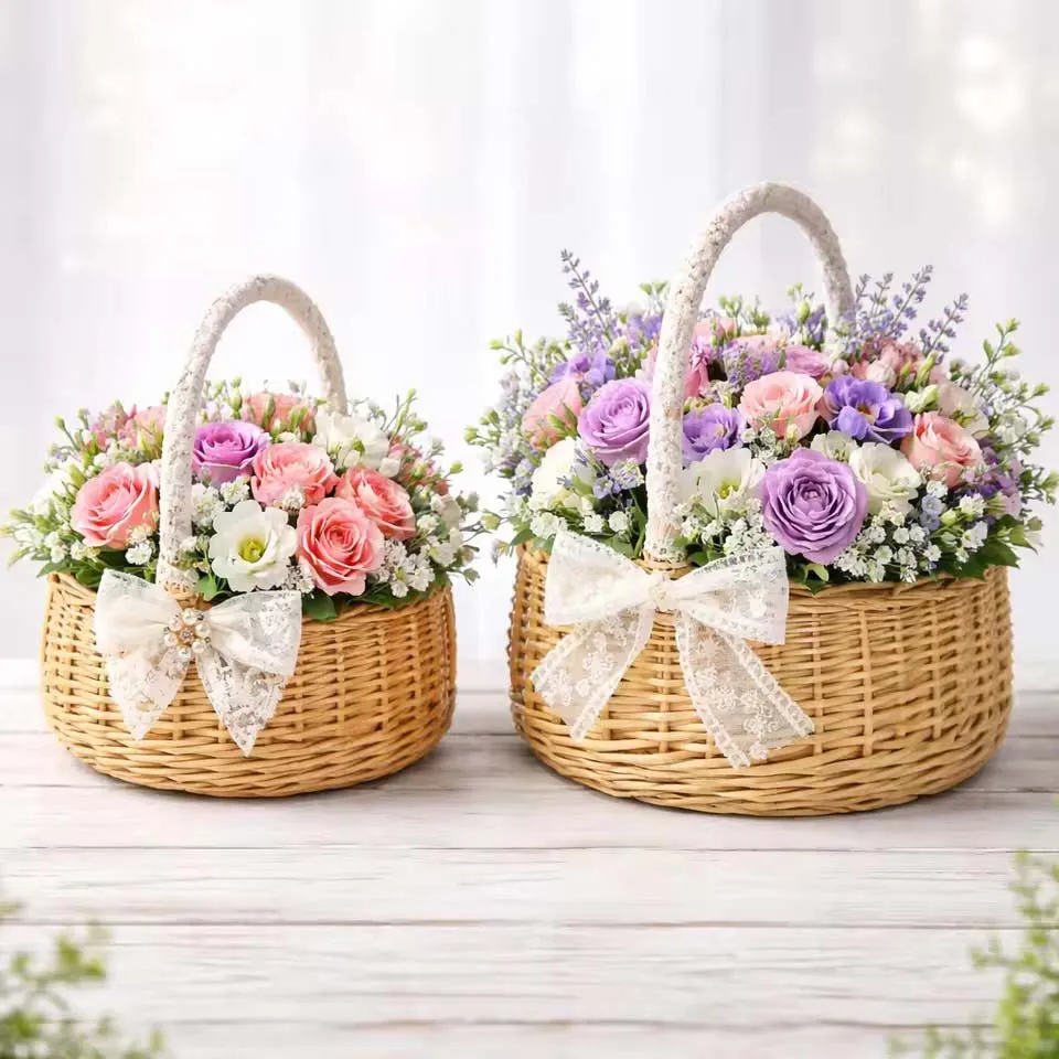 1pc Hand-woven Wedding Flower Basket With Handle Wicker Sundries Basket Wedding Flower Basket For Home Picnic Storage Basket