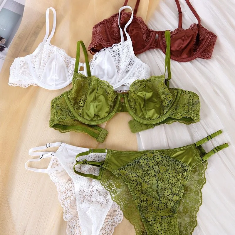 

French Style Sexy Lace Ultra-thin Bra Large Bust Minimizer Young Girl Small Bust Comfortable French White Thin Underwear Set
