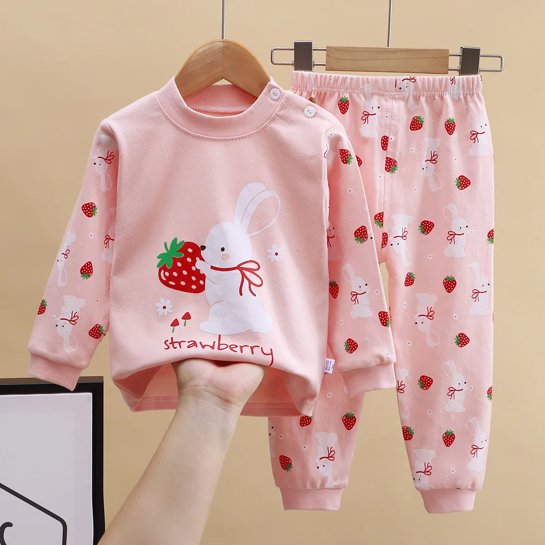 Kids Cotton Set Spring Autumn New 2-Piece Rabbit Pajamas Long Sleeve Top Pants Children Girls Cute Cartoon Baby Suits