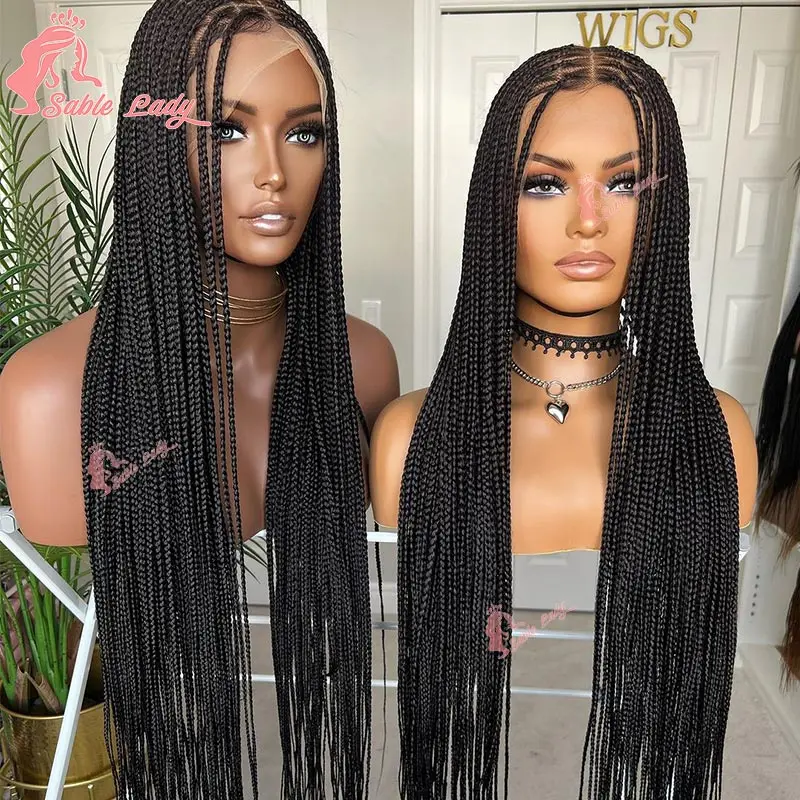 Full Lace Cornrow trançado perucas para mulheres negras, 36 polegadas, cabelo longo, reto, Knotless, caixa pequena, torção trançada