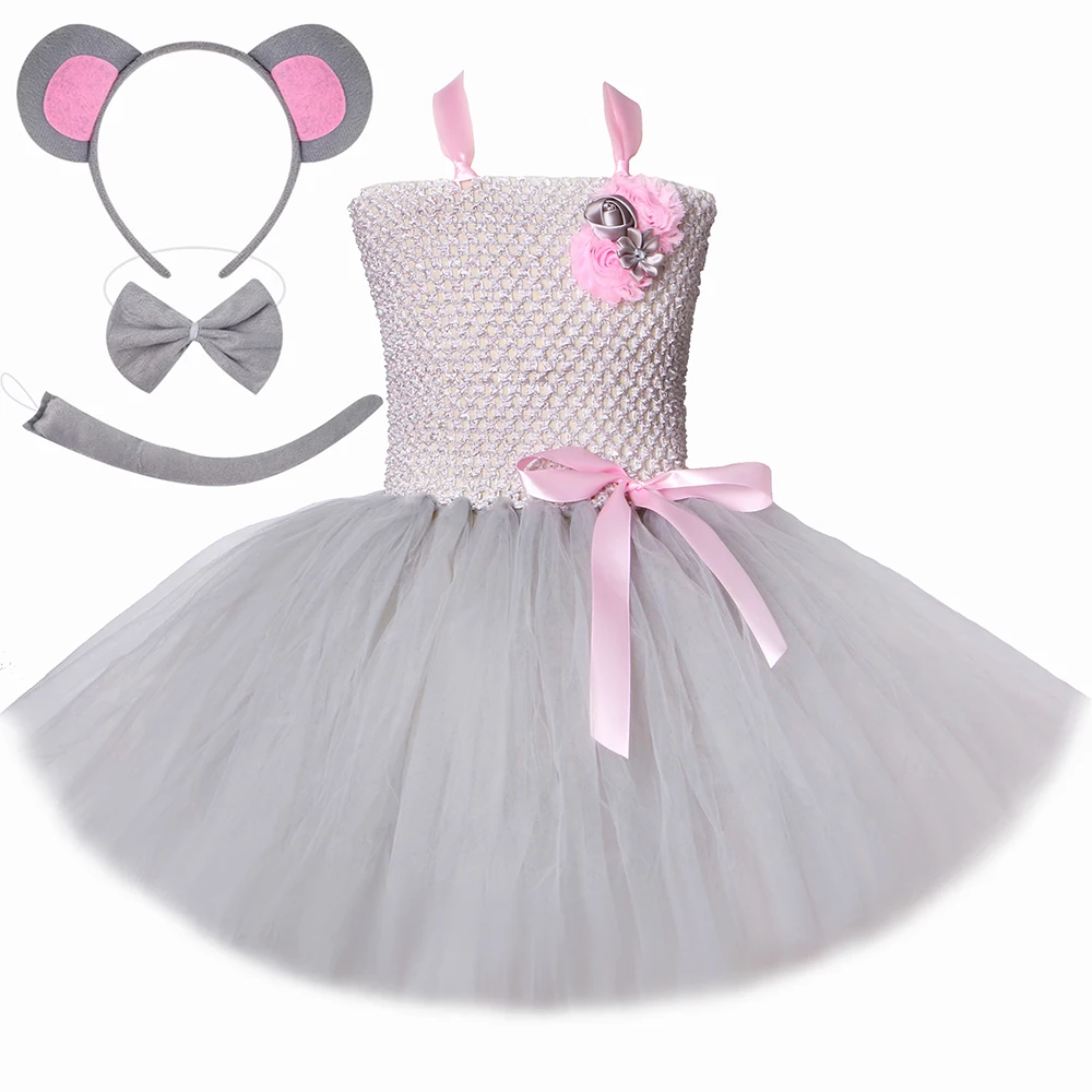 Grey Rat Mouse Costume Kids Halloween Party Animal Dress Up Outfit Toddler Girls Mice Tutu Dress with Ears Tail Tie Nose Gloves