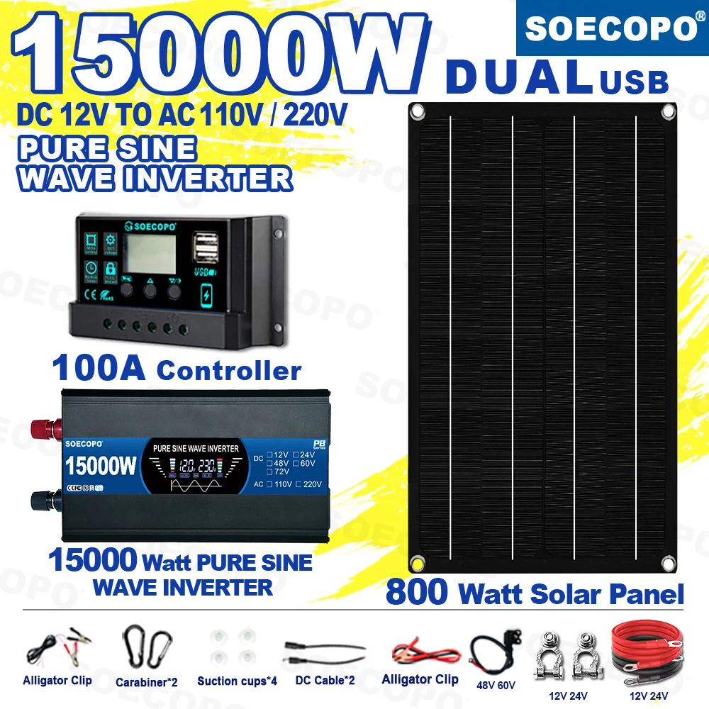 

SOECOPO 15000W Portable Solar System Kit 800W Panel, Pure Sine Wave Inverter 2 sockets 12V, 100A Controller for Camping/Home