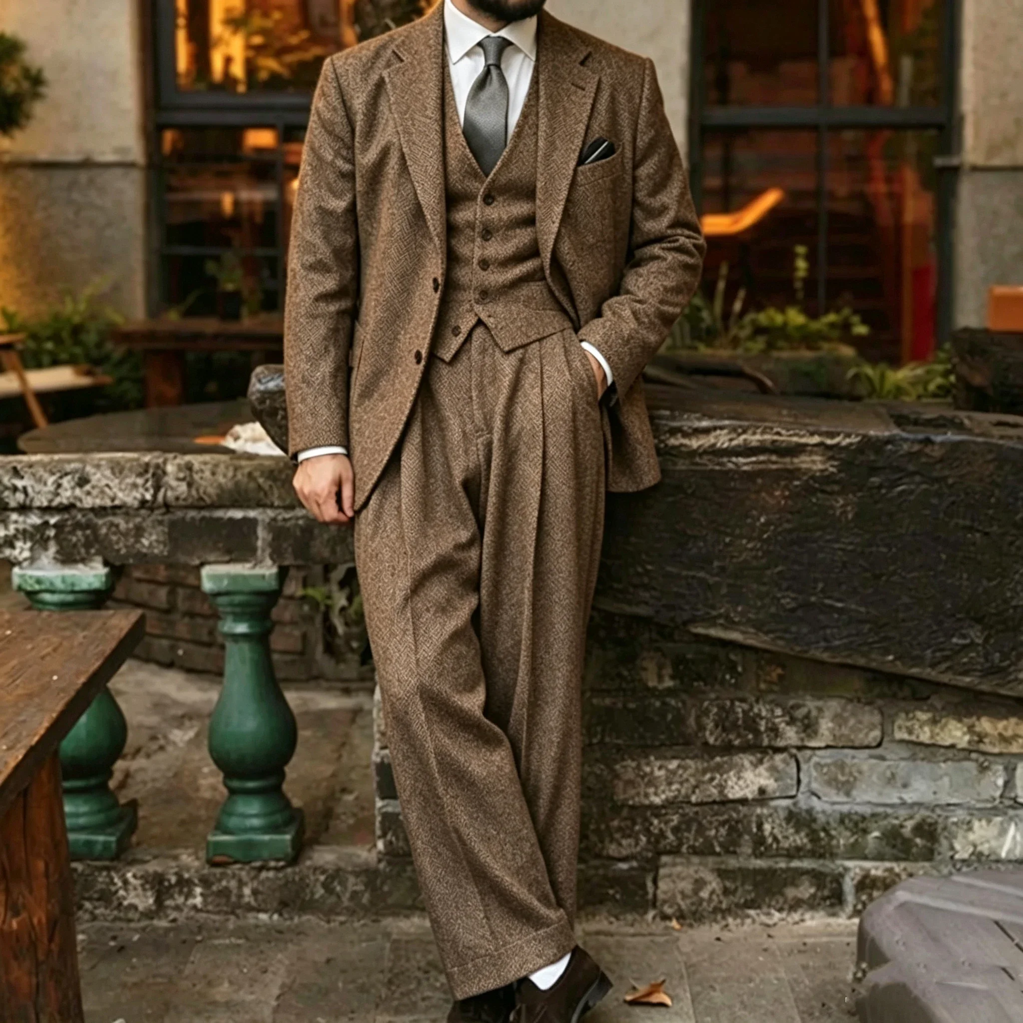 Classic Men's Suit 3pcs Camel Tweed Herringbone Set Slim Fit Peak Lapel Retro Dress Tuxedo for Wedding Groom Blazer Ves Pants