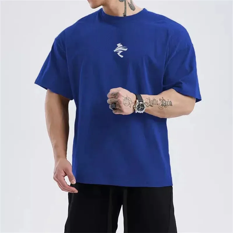 Men's loose, extra-large short-sleeved T-shirt, men's summer knitted sports training T-shirt, quick-drying running top, fitness image 5