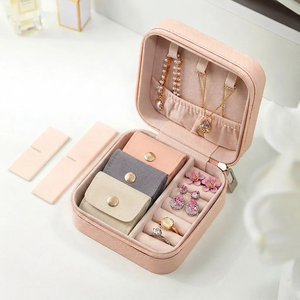 Microfiber Mini Compartment Portable Jewelry Box Travel Light Luxury Portable Small Jewelry Bag Earrings Jewelry Storage box